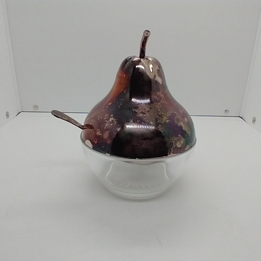Vintage Queen Anne Silverplate Glass Pear Jam Dish with Spoon Tarnished England